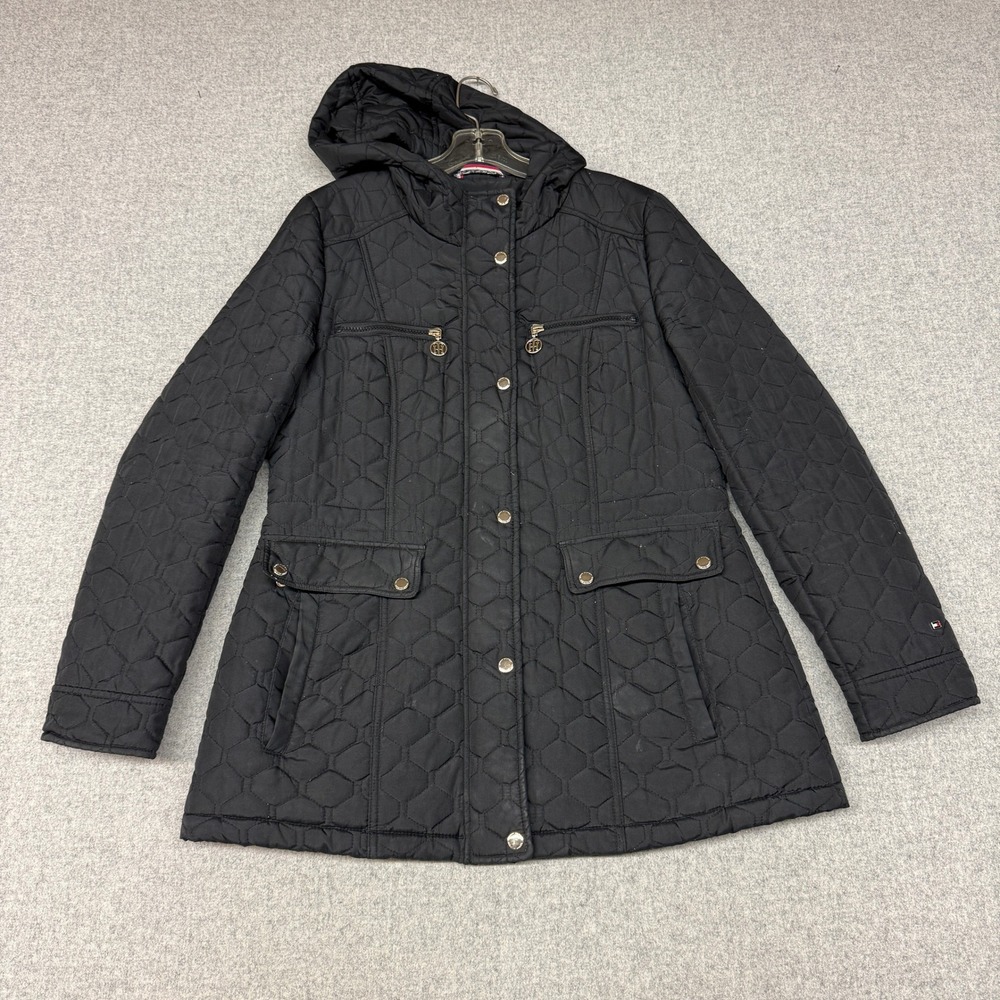 Tommy Hilfiger Quilted Jacket Medium Black Hooded Full Zip Snap Puffer Coat 2558